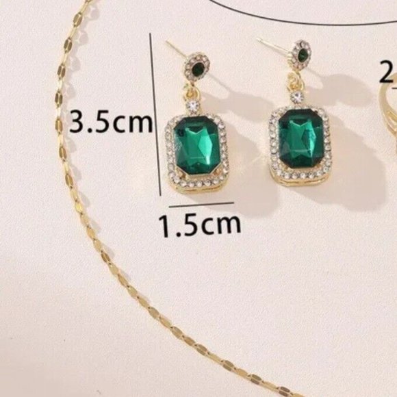 Greean Emerald Rimestones Diamonds Necklace With Pierce Maching Earings NewCJb - Picture 2 of 2